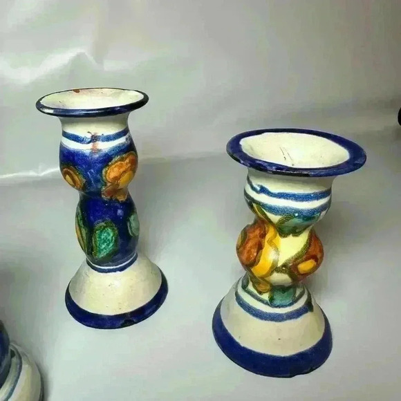 Hand-Painted E. Ortiz Mexican Pottery Candle Holders Mismatched Set Of 4 - Picture 8 of 12